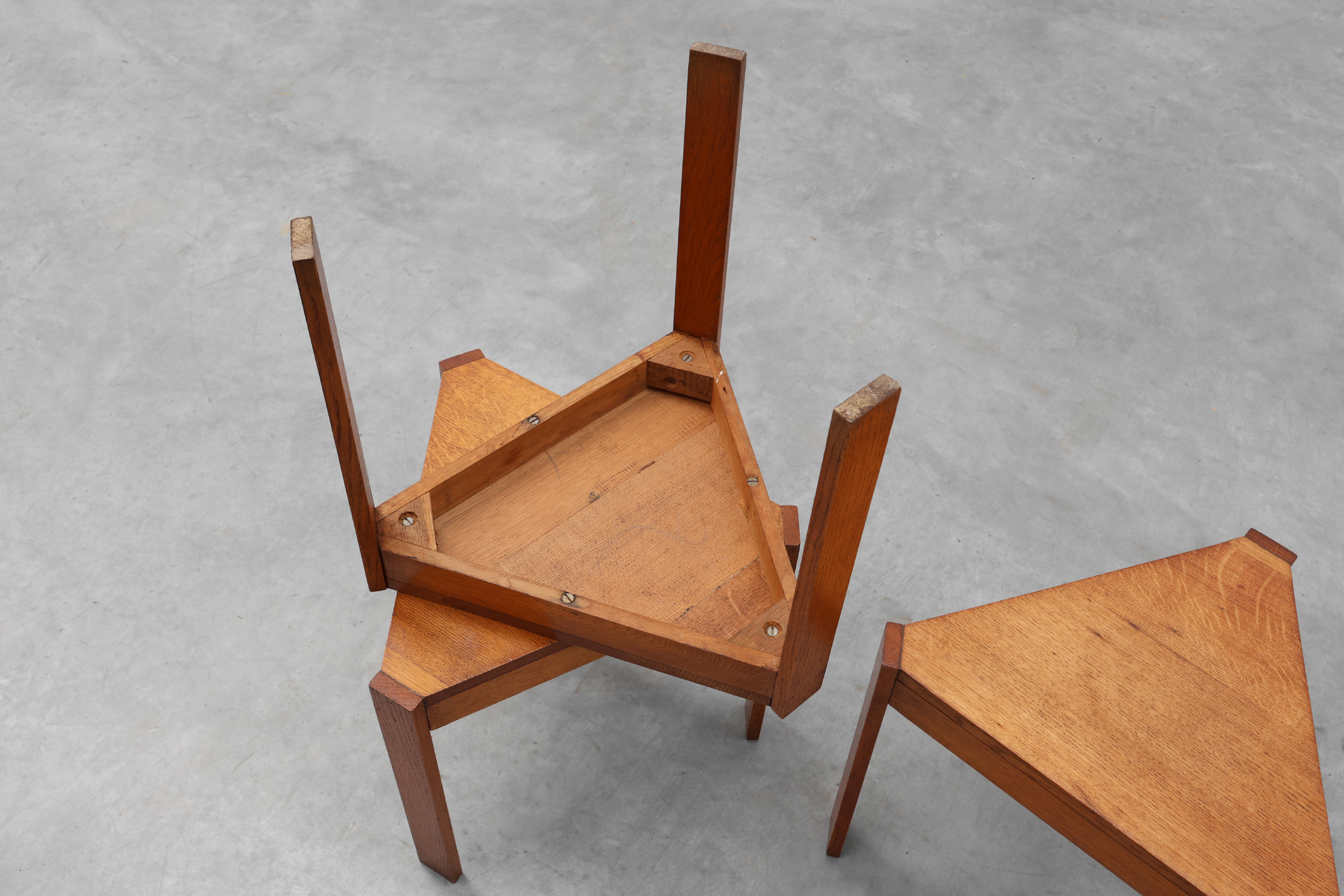Set of 3 oak wooden triangular nesting or modular tables, France ca. 1960thumbnail